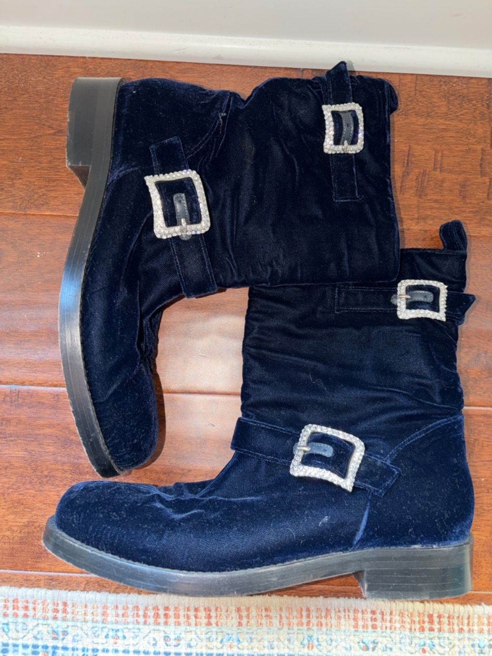 Manolo Blahnik Navy Velvet Boots with Decorative Rhinestone Buckles Size 37.5
